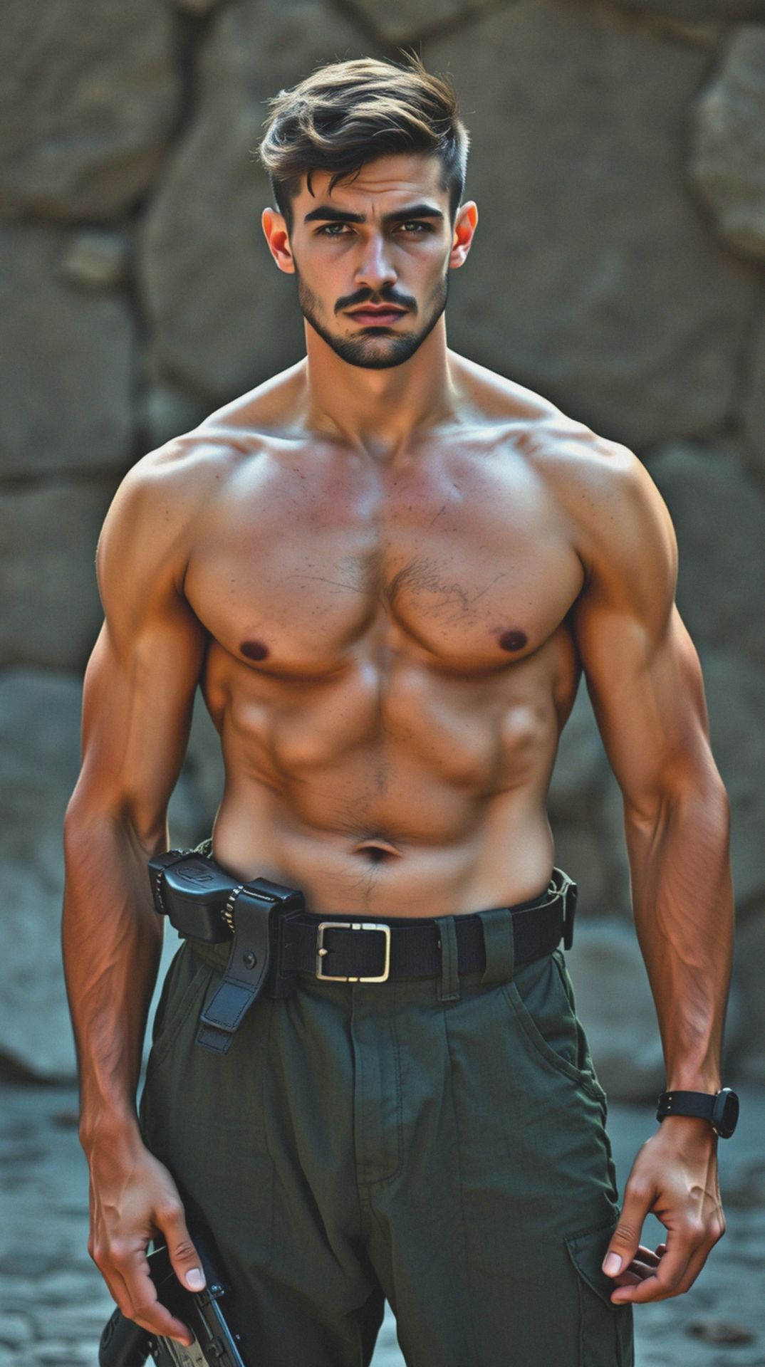 A handsome full body naked muscular Turkish soldier with a tan and